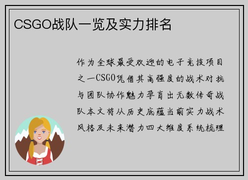 CSGO战队一览及实力排名