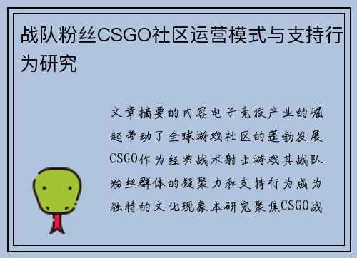 战队粉丝CSGO社区运营模式与支持行为研究