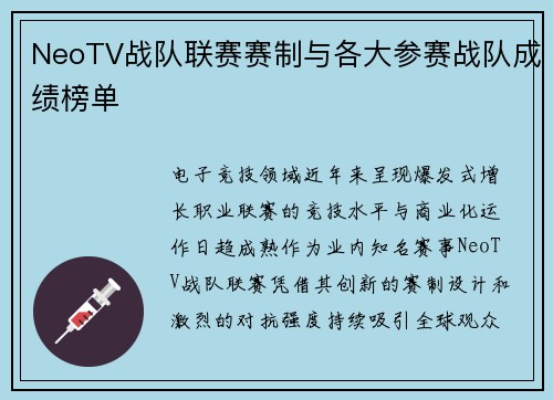 NeoTV战队联赛赛制与各大参赛战队成绩榜单